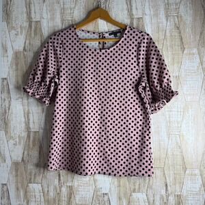 Adrianna Papell Pink Black Polka Dot Puff Sleeve Ruffle Top Shirt Womens Size S